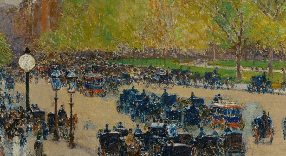 Dense traffic of black carriages captures the pre-automobile city at peak morning rush, a world entirely erased within two decades.