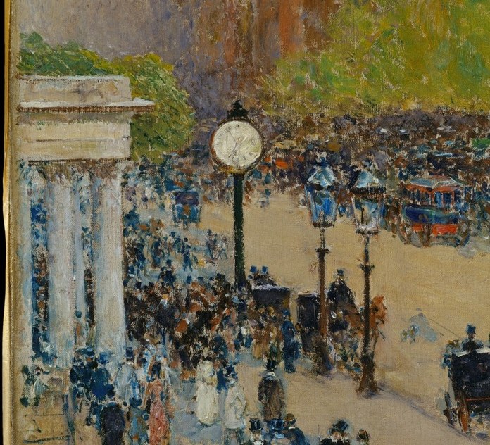 The anonymous urban crowd, each figure reduced to a brushstroke, embodies Impressionist modernity: the individual dissolved into collective city life.