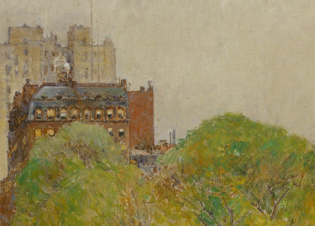The pale yellow-green of new leaves against bare branches is the painting's chromatic heart, giving the title its literal and emotional meaning.