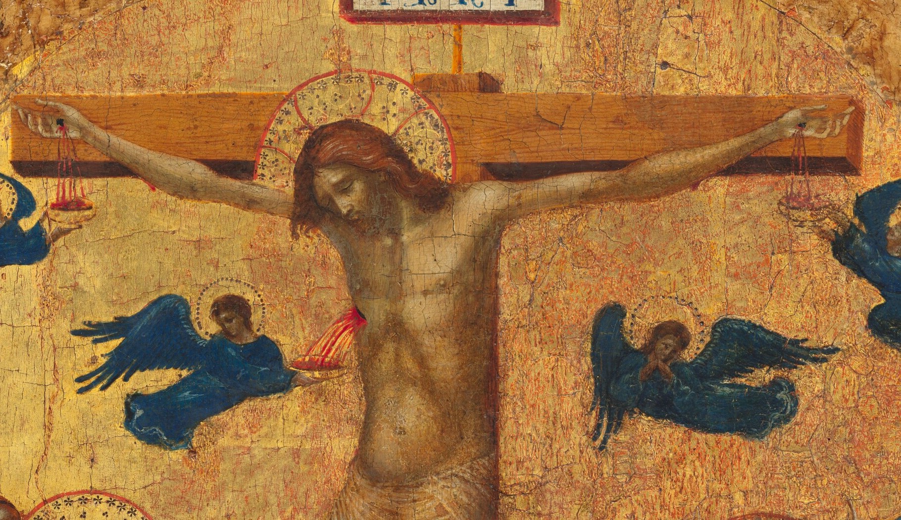 Three angels catch his blood in chalices.
