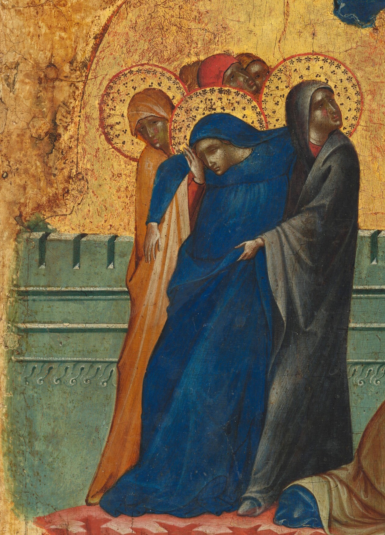 The layered grief , one woman covers her face, another gestures upward , encodes a spectrum of sorrow that Byzantine-to-Gothic transition painters were just learning to show.