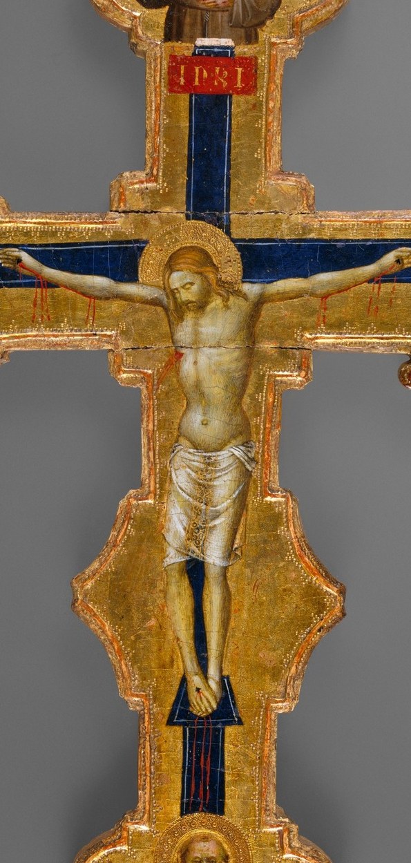 The central devotional subject , torso angled, arms outstretched, visible suffering conveyed through contorted limbs and inclined head