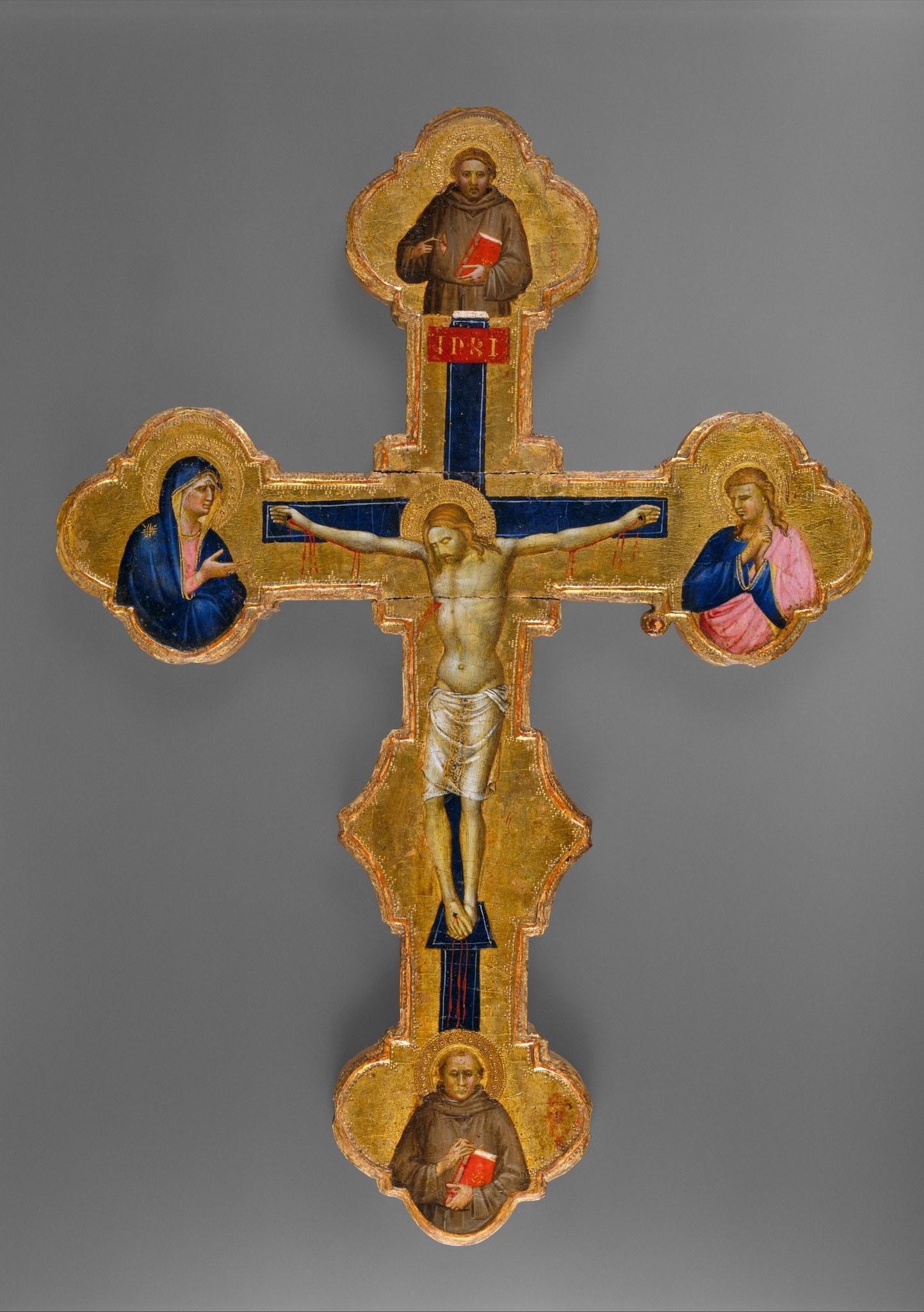 Gherarducci's signature gold tooling , intricate punchwork visible on the cross terminals demonstrates Florentine manuscript-miniaturist technique at panel scale