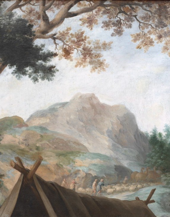 The tree anchors the whole composition, its trunk serving as a visual divider between the intimate confrontation on the left and the vast caravan panorama on the right; its root zone likely hides additional ground detail.