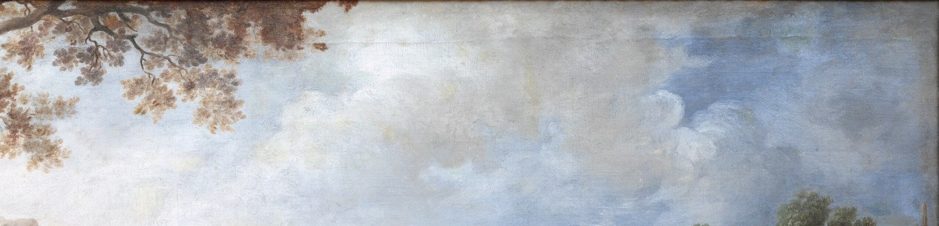 God warned Laban in a dream not to harm Jacob; the warm light breaking through clouds reads as a subtle divine surveillance, reinforcing providential protection without explicit iconography.