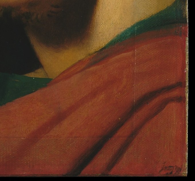 His rich red robe still pops against the dark.