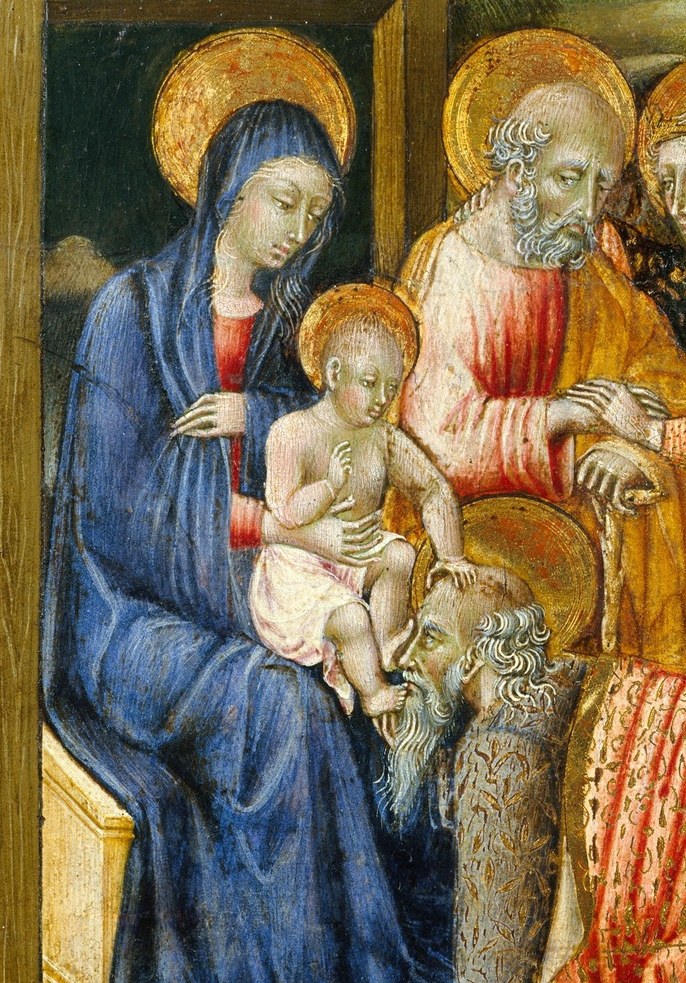 His vibrant orange-red robe fans across the ground in a sweeping pool of color , a virtuoso textile passage and an act of submission to the Christ child.