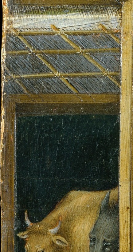 The ox and ass are apocryphal additions to the Gospel story, yet by 1460 were iconographic requirements; their patient bulk grounds the scene in real animal warmth.