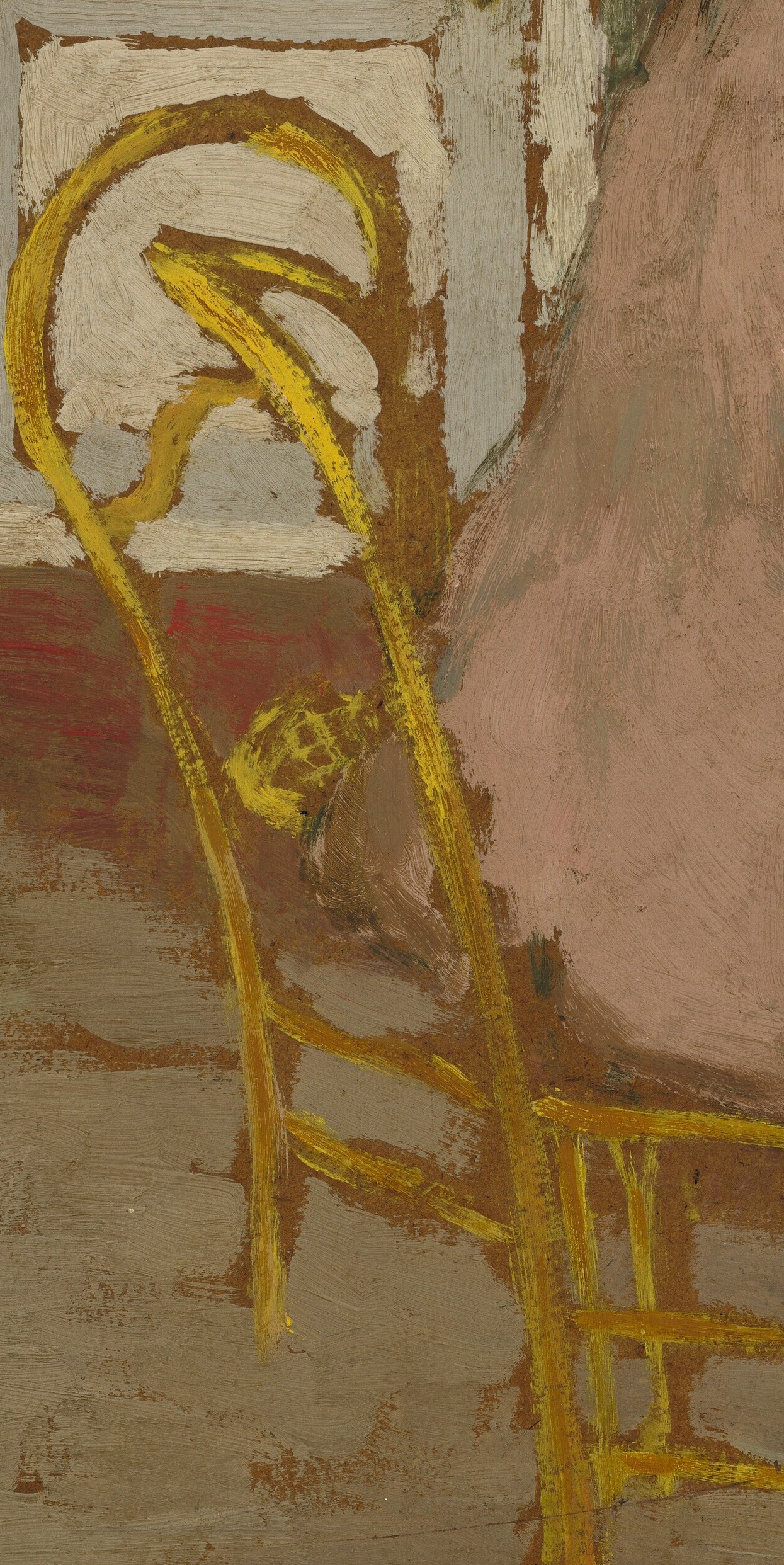 The vibrant, almost sculptural yellow of the chair contrasts with the muted tones of the interior, drawing the eye and adding a decorative element.