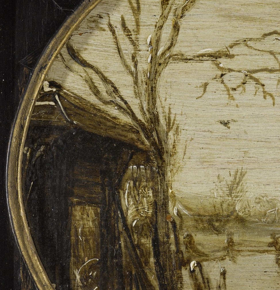 Skeletal trees on both sides emphasize the harshness of winter.