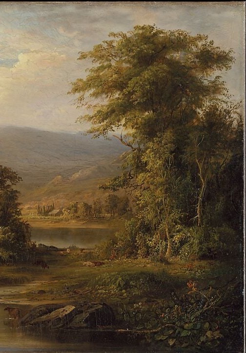 The trees on the right are warm brown and rich green.