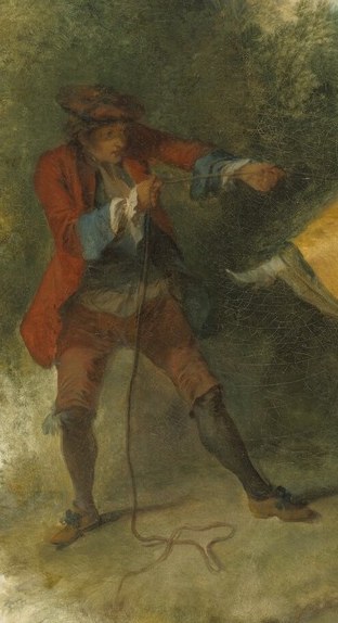 He pulls the rope with a furtive glance.