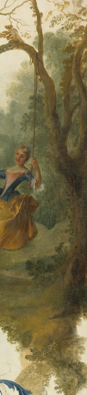 The gnarled bark and branches create a sense of natural enclosure and a slightly wild setting for the aristocratic figures.
