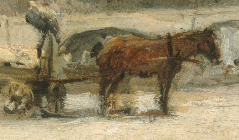 In the foreground, a horse-drawn cart waits patiently.