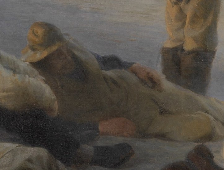 The thick brushstrokes capture the heavy texture of their blankets.