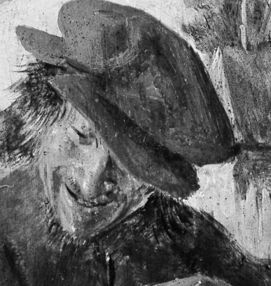 The hat casts a shadow over his face, adding to the introspective mood and obscuring details.