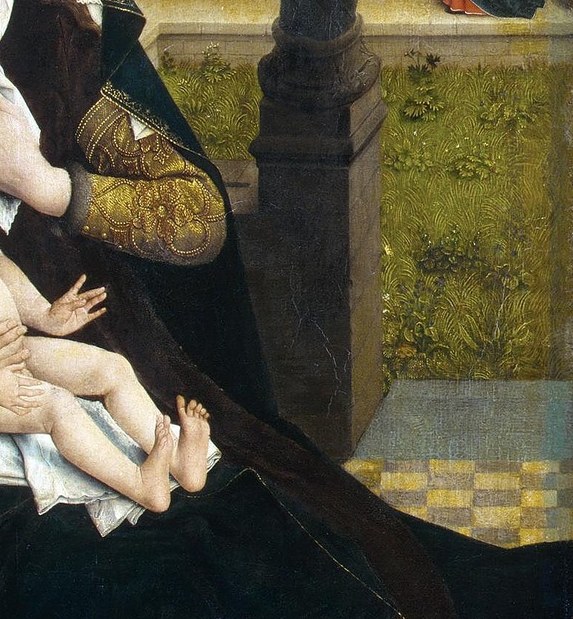 The child's realistic depiction, with soft skin and delicate limbs, emphasizes his humanity and vulnerability.