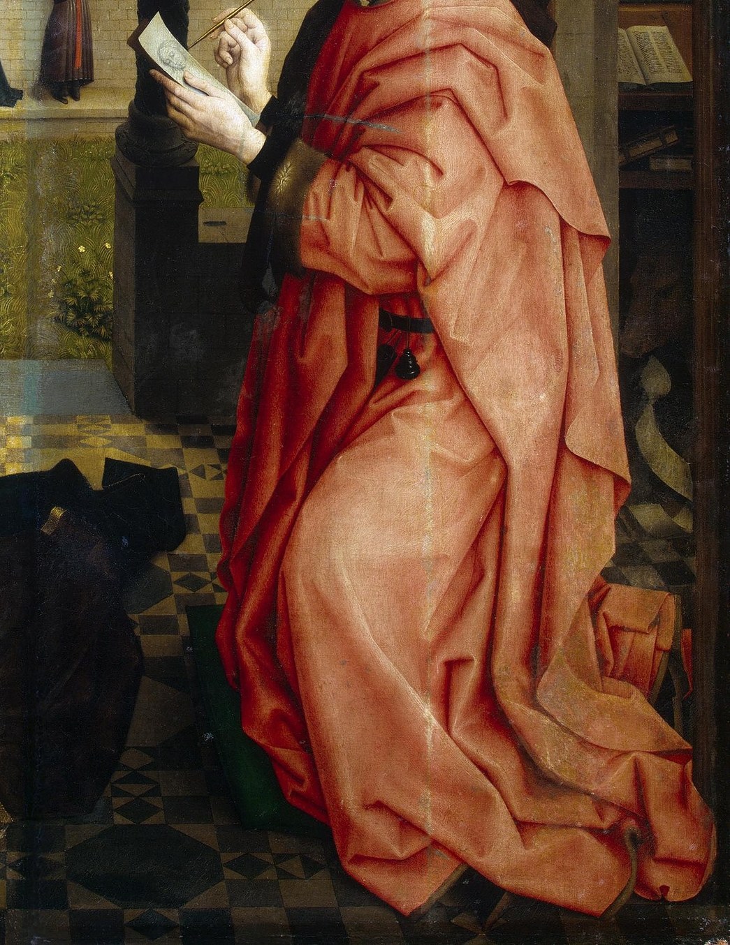 His focused gaze and active sketching hand convey the act of artistic creation and divine inspiration.