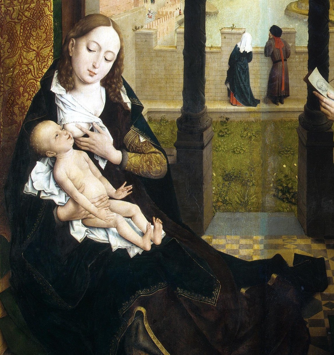 The tender, intimate moment of nursing highlights the human aspect of the divine, creating a relatable and emotional connection.