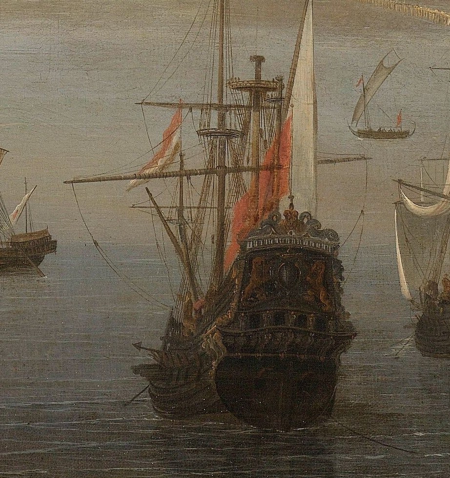 Look at the large ship in the foreground.