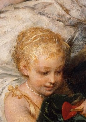 The soft, golden curls of the child's hair are rendered with delicate brushwork, highlighting innocence and youth.