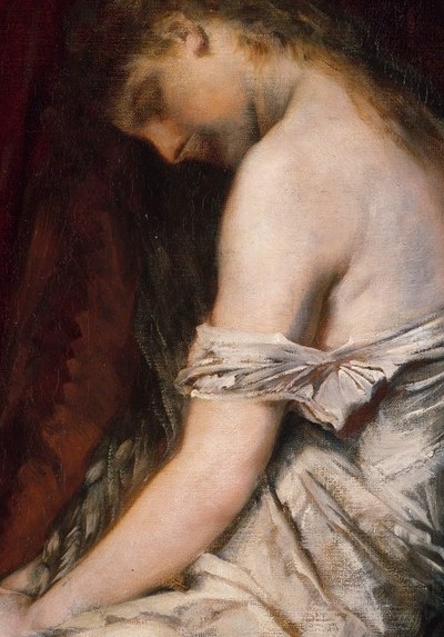A woman after the ball, lost in thought.