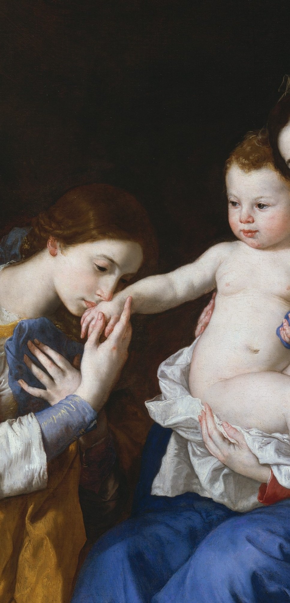 Theological pivot around whom every figure orients; his infant vulnerability set against the reverent adult faces creates the painting's central tension.