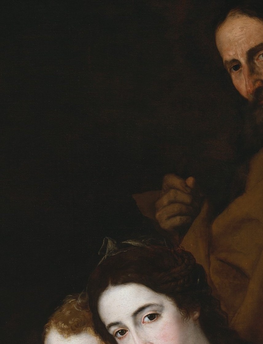 The emotional center of the composition; her softly lit, downward gaze unites all surrounding figures toward the infant and anchors the devotional mood.