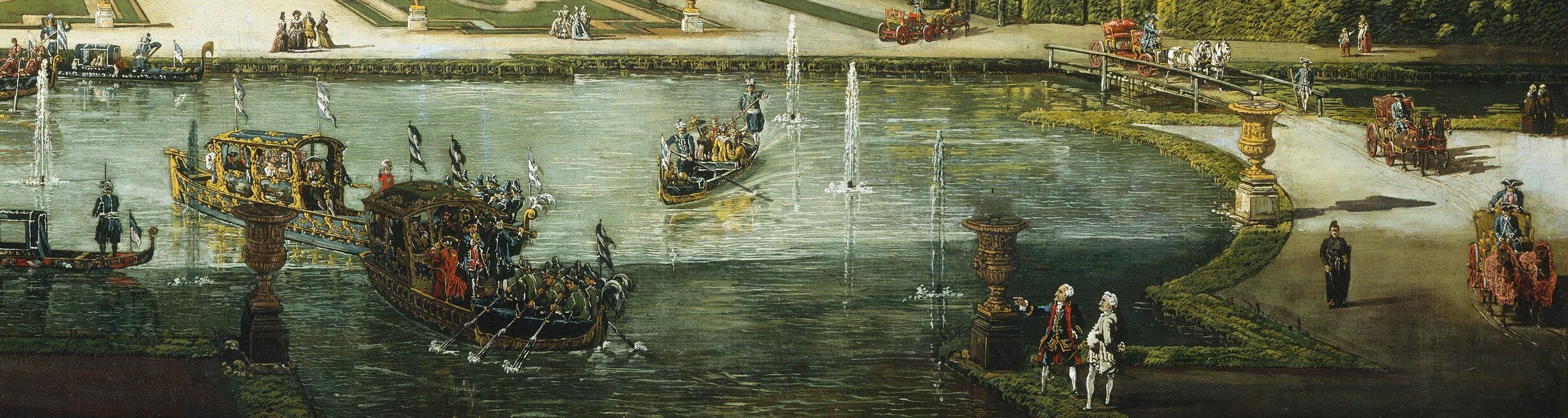 The water reflects the sky and surrounding architecture, creating a sense of depth and tranquility, with activity on its surface.