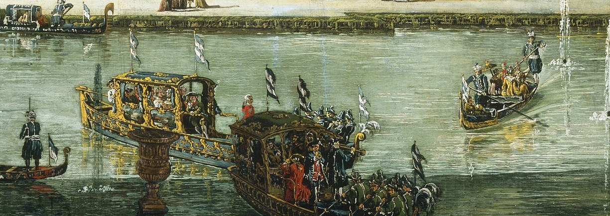 This vessel, adorned with figures and banners, suggests a royal procession or a lavish leisure activity on the water.