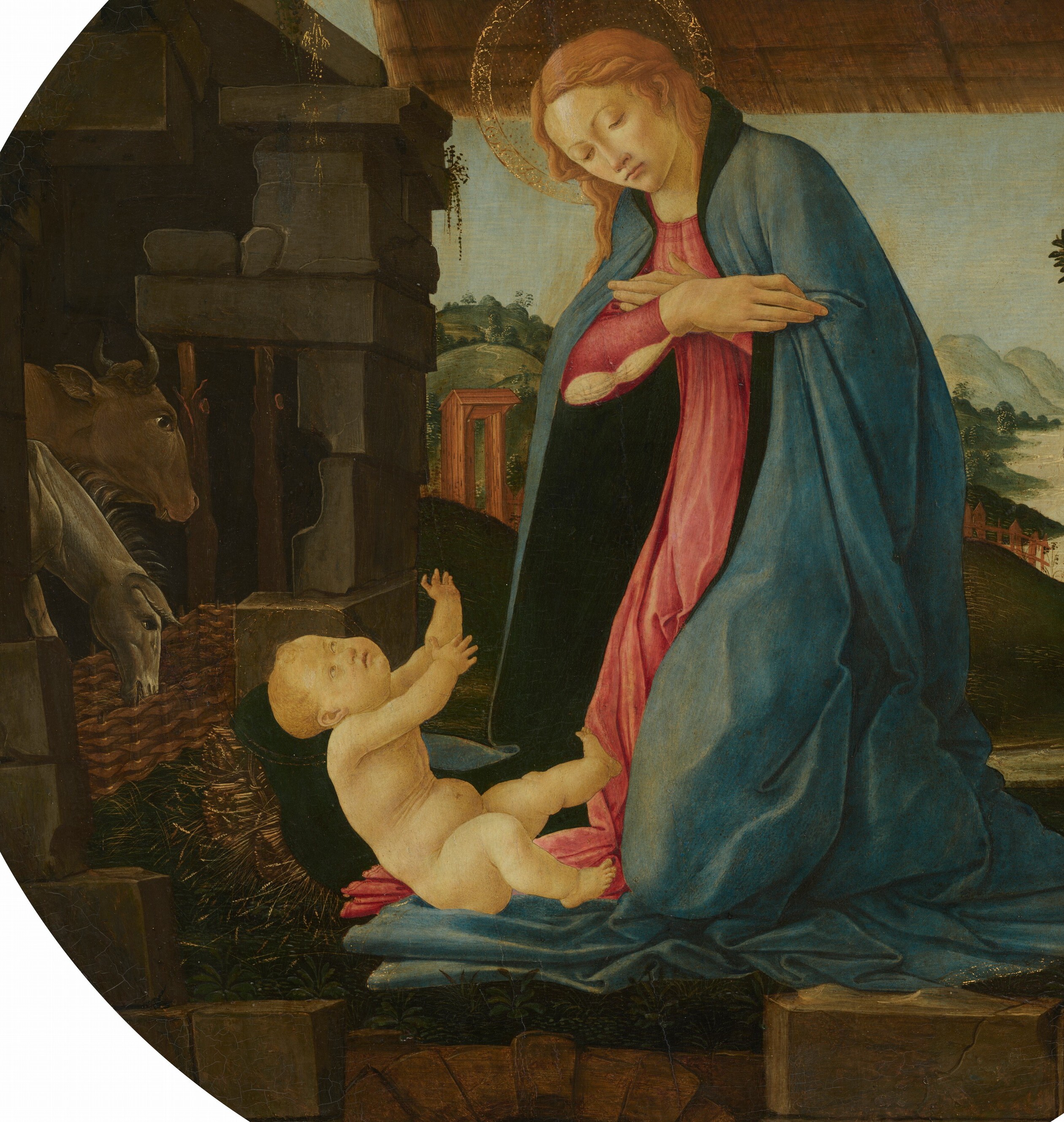 The ultramarine blue , crushed lapis lazuli, the costliest pigment available , was a deliberate mark of sacred status; the drapery folds also show Botticelli's mastery of textile weight in tempera.