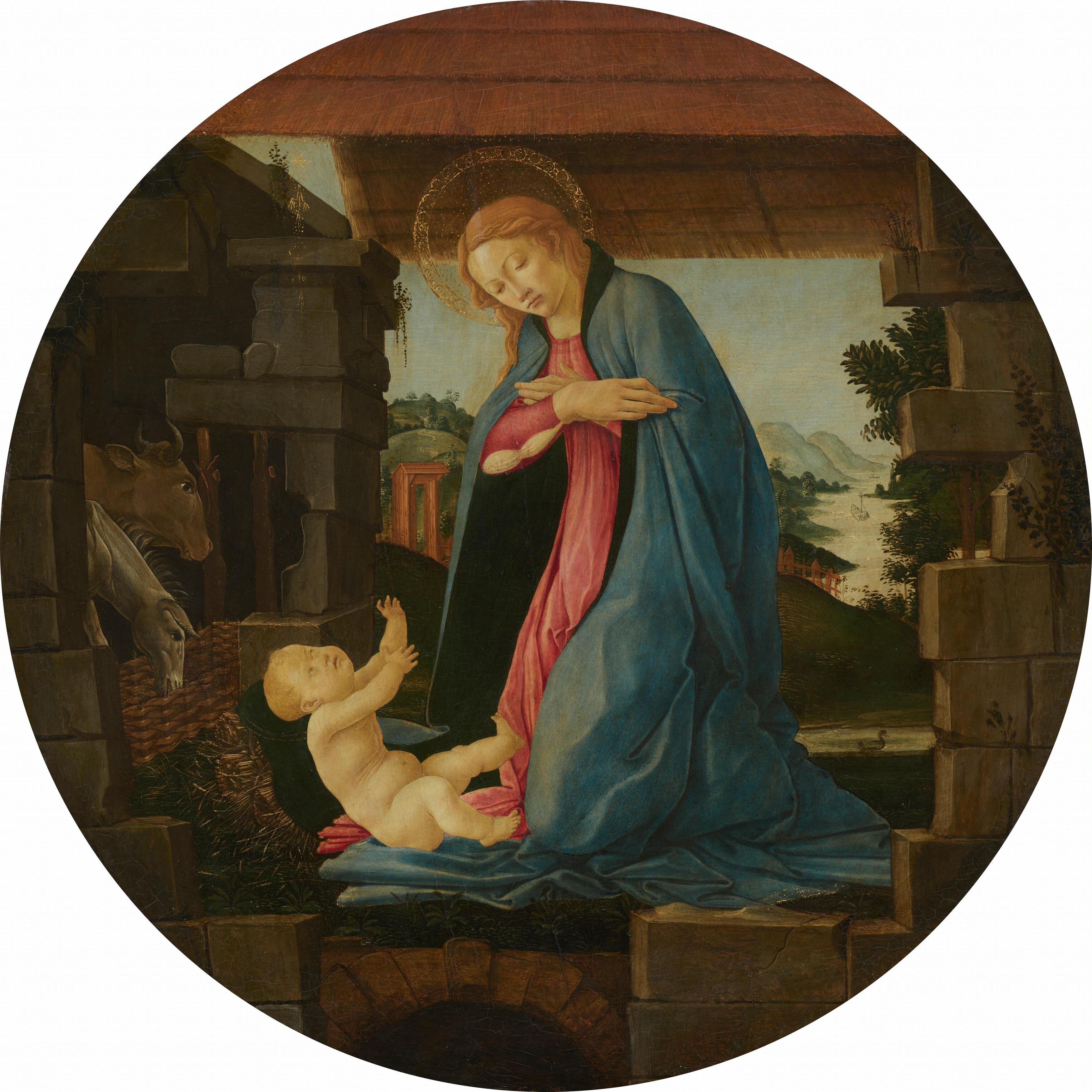 The tondo (circular panel) was a domestic format for private devotion; the composition is subtly engineered so the Child's body and Mary's mantle sweep into the curve rather than fight it.