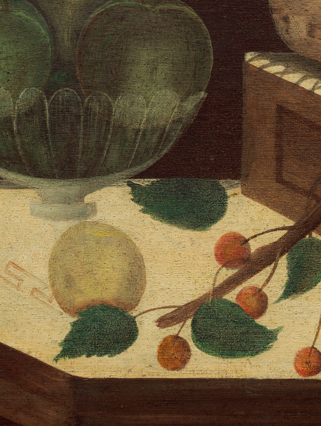 Jewel-bright specular highlights on each cherry demonstrate the artist's control of light; traditionally a symbol of sweetness and temptation.