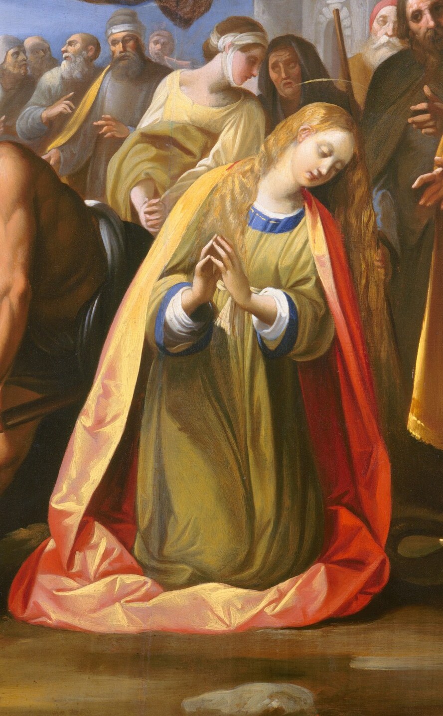Her posture and clasped hands convey deep piety and acceptance of her fate.