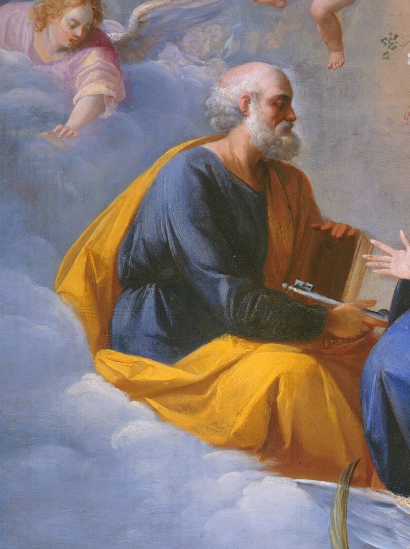 Saint Peter, holding his keys, represents the Church's authority.