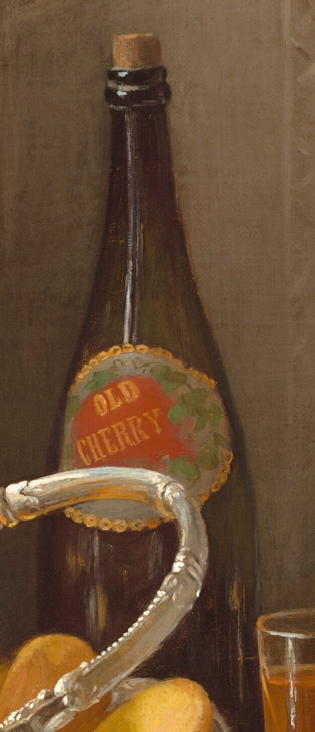 Beside it, a bottle of 'Old Cherry' and glasses of amber liquid.