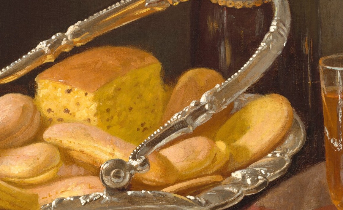 It's filled with pastries, showing the treats of the time.