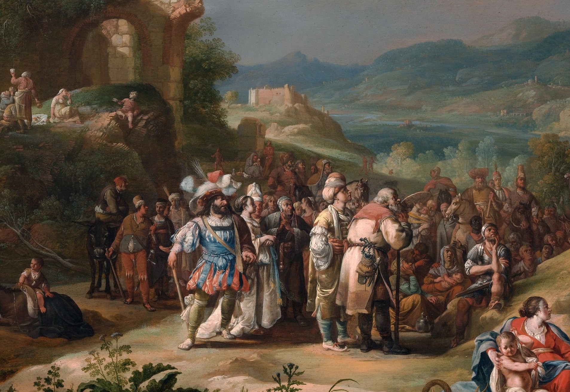 But look at the crowd. Soldiers, merchants, a mother, a rich man.