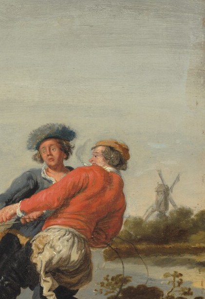 Slightly shorter and behind, suggesting a dialogue or shared contemplation; the pairing creates narrative tension about what they are observing