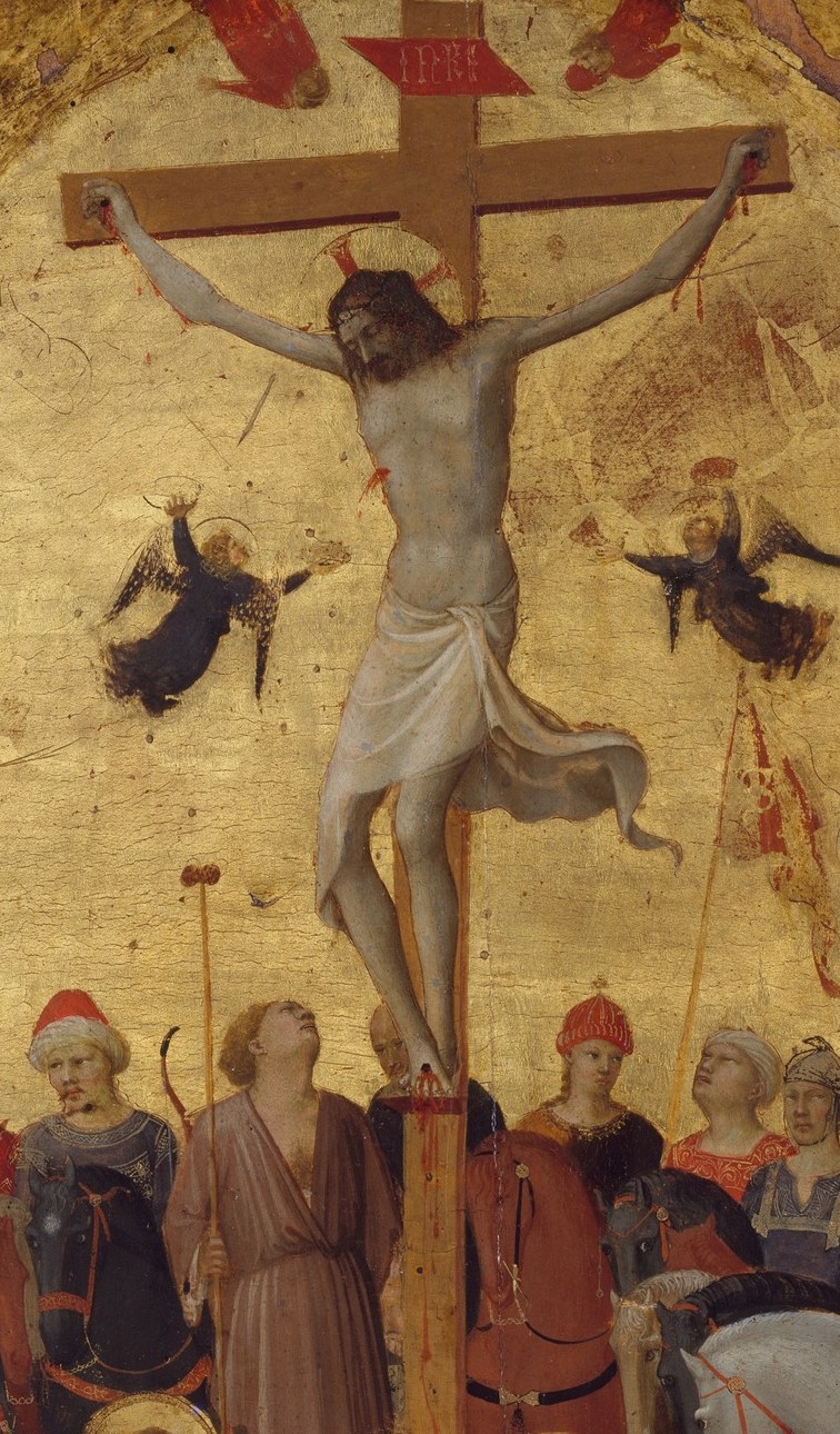 The theological axis of the entire panel , pale body against burnished gold refuses naturalism on purpose, placing the event outside ordinary time.