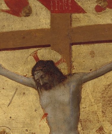 Head tilted right in death, an unusually naturalistic pathos gesture for 1420 , Fra Angelico's earliest exploration of emotional realism in a gold-ground panel.