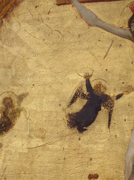 Likely catching blood in a chalice , a Eucharistic symbol linking the Crucifixion directly to the Mass; their hovering weightlessness is a deliberate illusionistic feat.