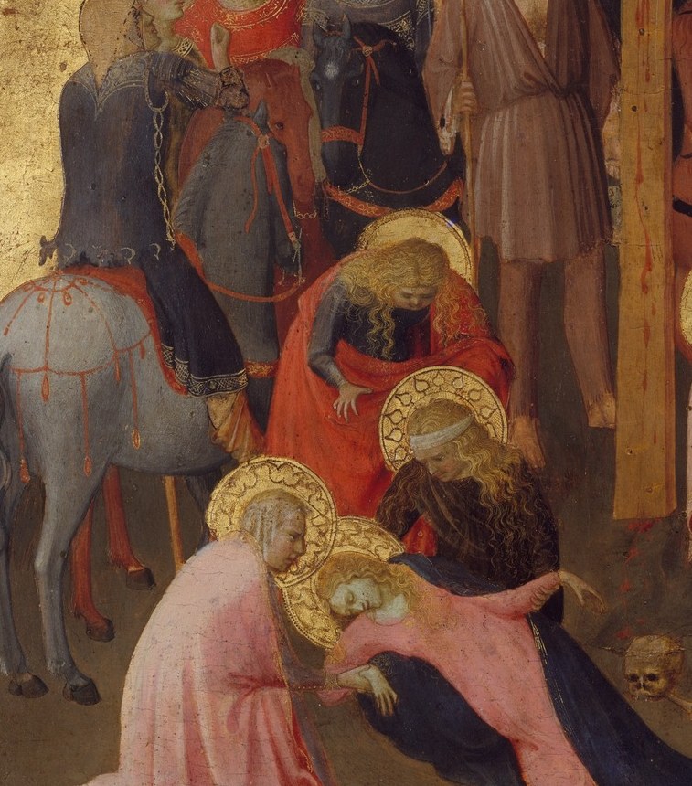 Her near-horizontal collapse , the compassio , breaks the composition's vertical axis dramatically; devotional viewers were meant to see their own grief in her body.