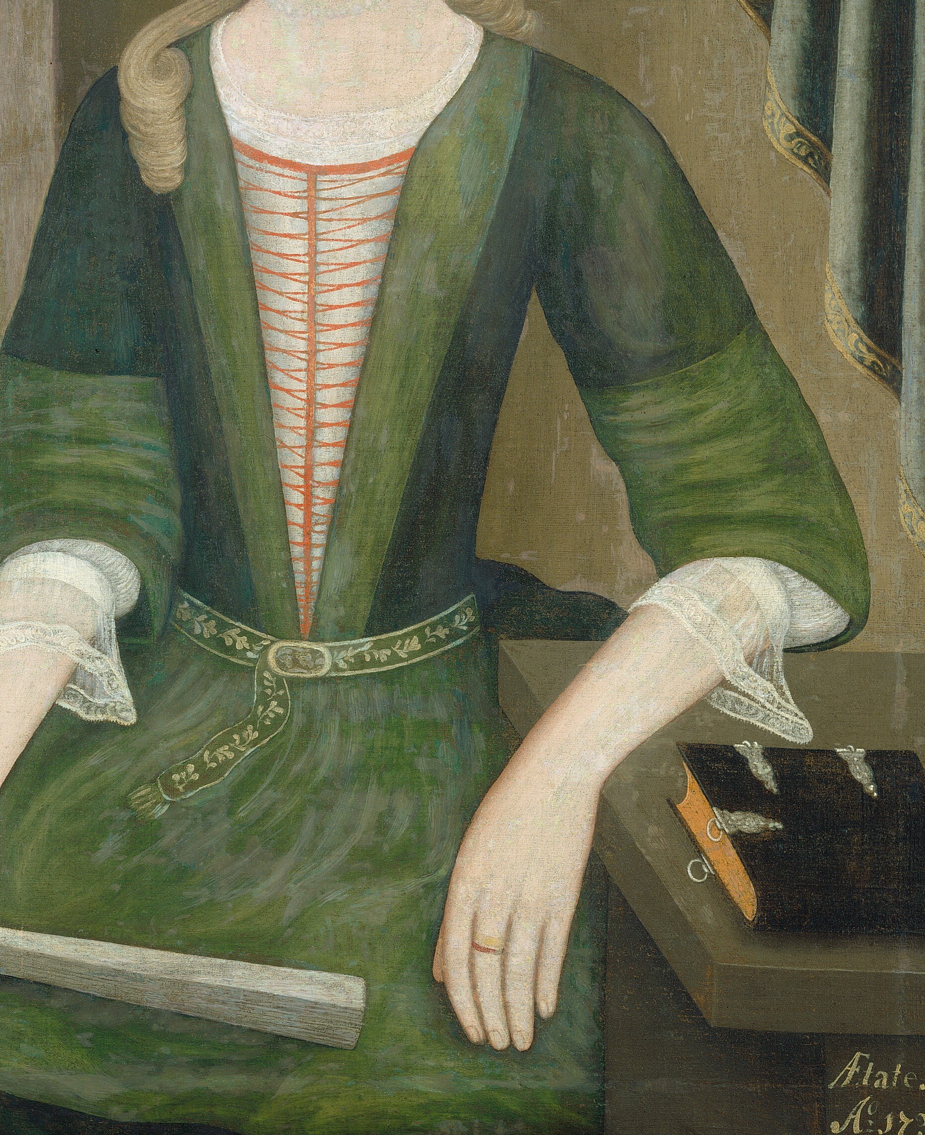 This painter captured her delicate green gown and white under-shirt.