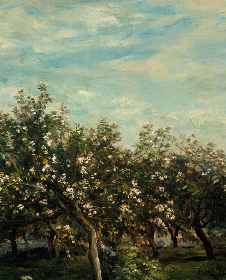 The painting's focal anchor , dense clusters of white blossoms catch the light and embody the seasonal explosion of spring; a slow zoom into the crown reveals individual petal masses.