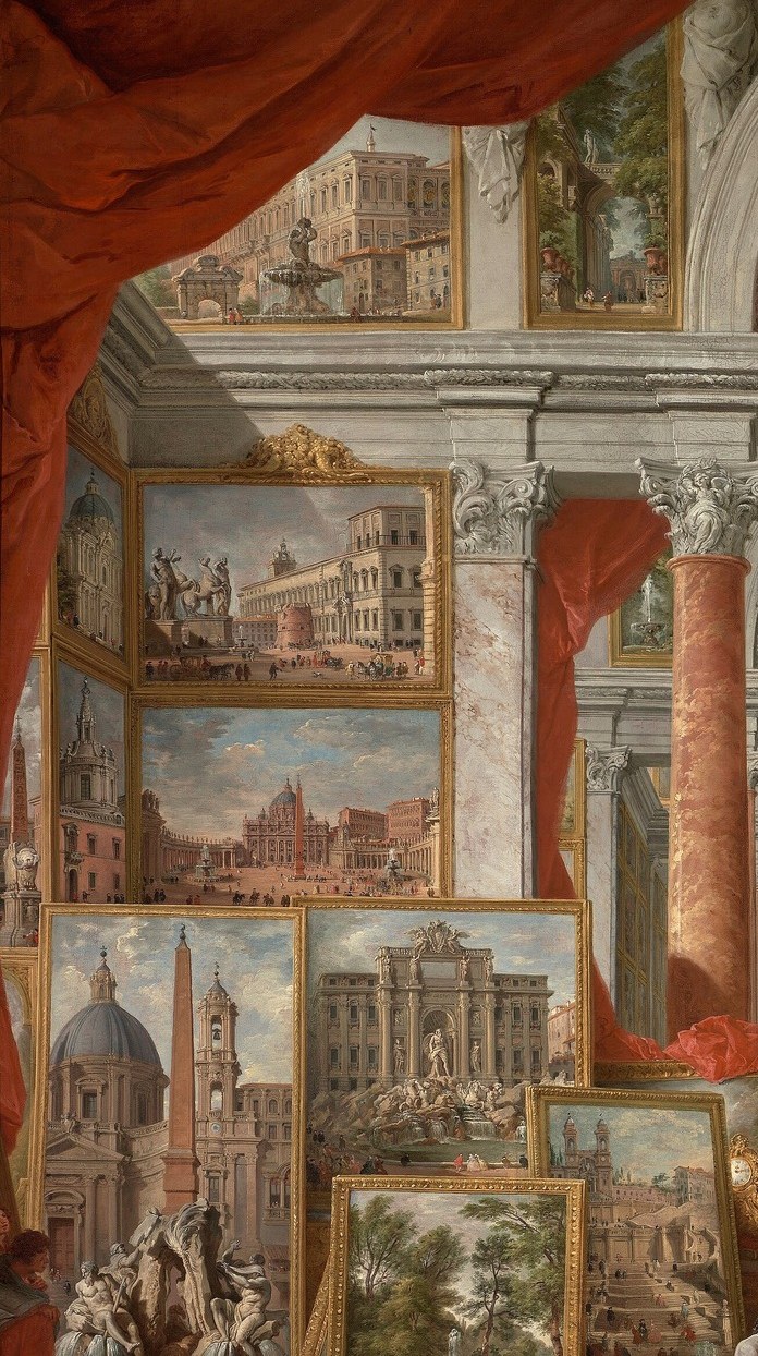 Each tiny canvas depicts a Roman landmark , a picture-within-a-picture encyclopaedia of modern Rome compressed into one wall