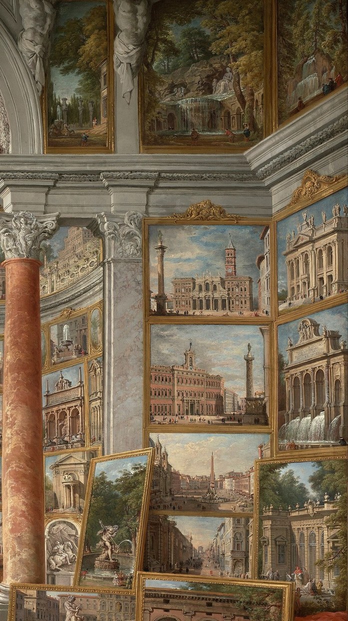 Mirrors the left wall, creating an overwhelming abundance that is itself the subject; the sheer number signals Panini's virtuosity