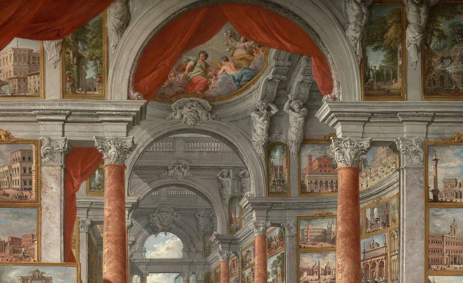 The soaring architecture gives the imaginary gallery a palatial scale and frames a distant background opening, adding spatial depth