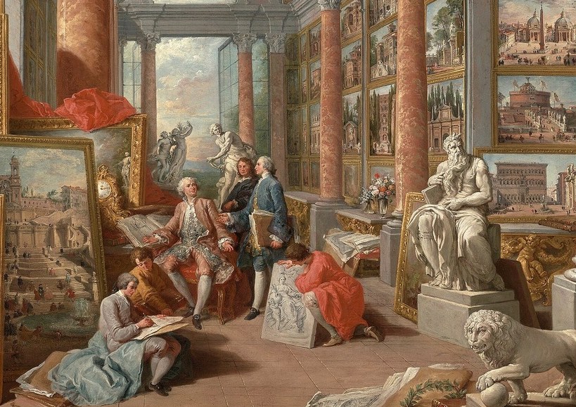 The narrative core of the painting , their shared scrutiny of a document implies connoisseurship and the act of collecting, framing the whole gallery concept