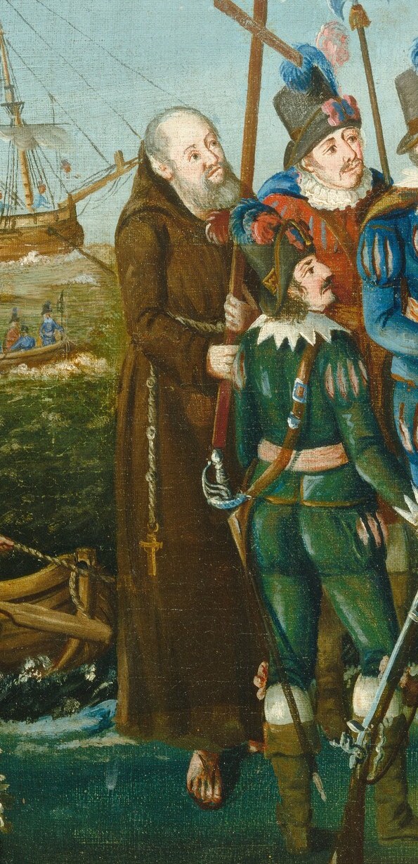 A priest holds a cross, marking the religious conquest.